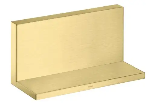 Ablage aus gebürstetem Messing mit rechteckiger Form. Das Produkt zeigt das Markenlogo AXOR und ist für die Wandmontage geeignet.
